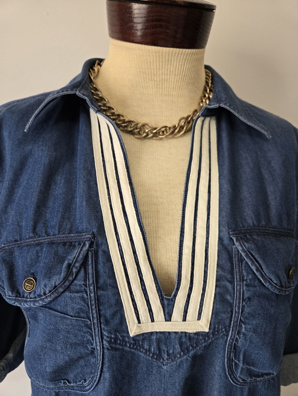 Ralph Lauren LRL Blue Denim Lightweight V Neck Tunic With Roll Cuffs. Size Med - Picture 3 of 10